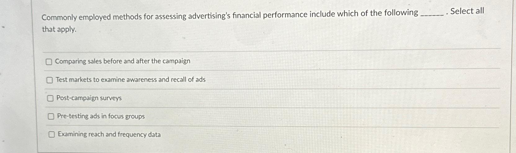  Commonly employed methods for assessing advertising's financial performance include which of