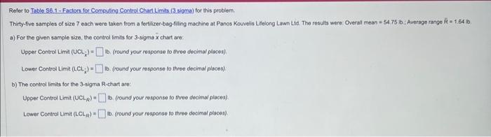  Refer to Table S6.1 - Factons for Computing Coatrol Chart Limits