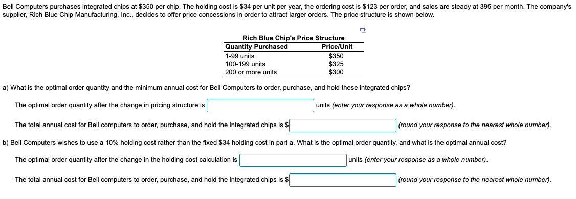 Bell Computers purchases integrated chips at $350 per chip. The holding