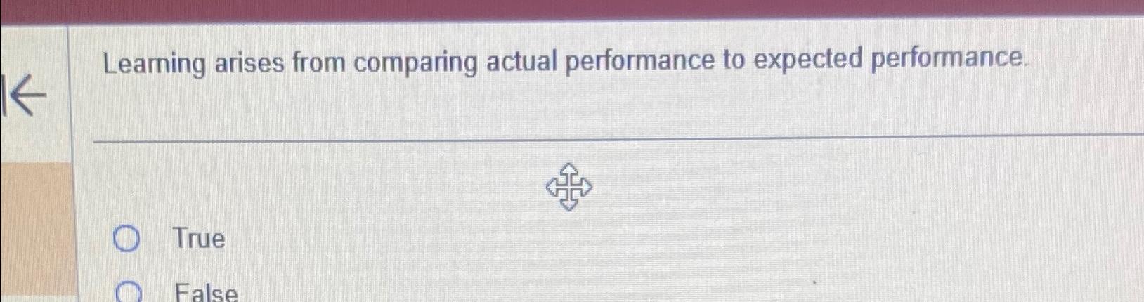  Learning arises from comparing actual performance to expected performance. True False