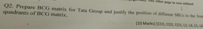  Q2. Prepare BCG matrix for Tata Group and justify the position