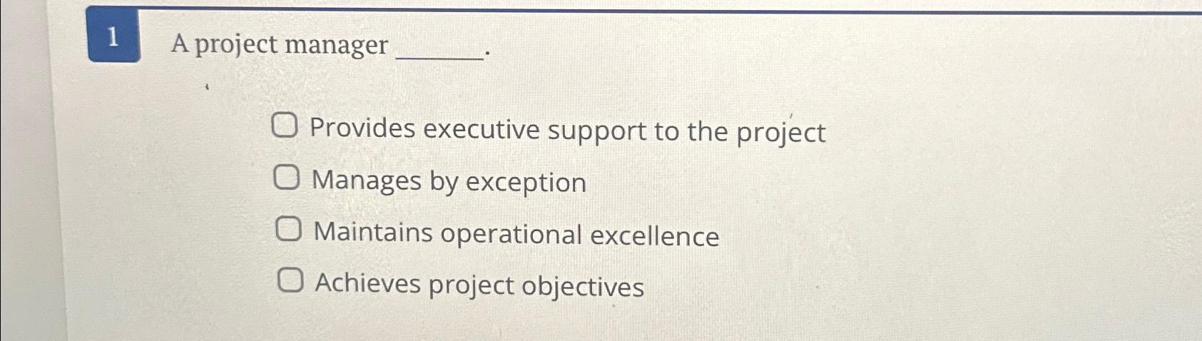  1 A project manager Provides executive support to the project Manages