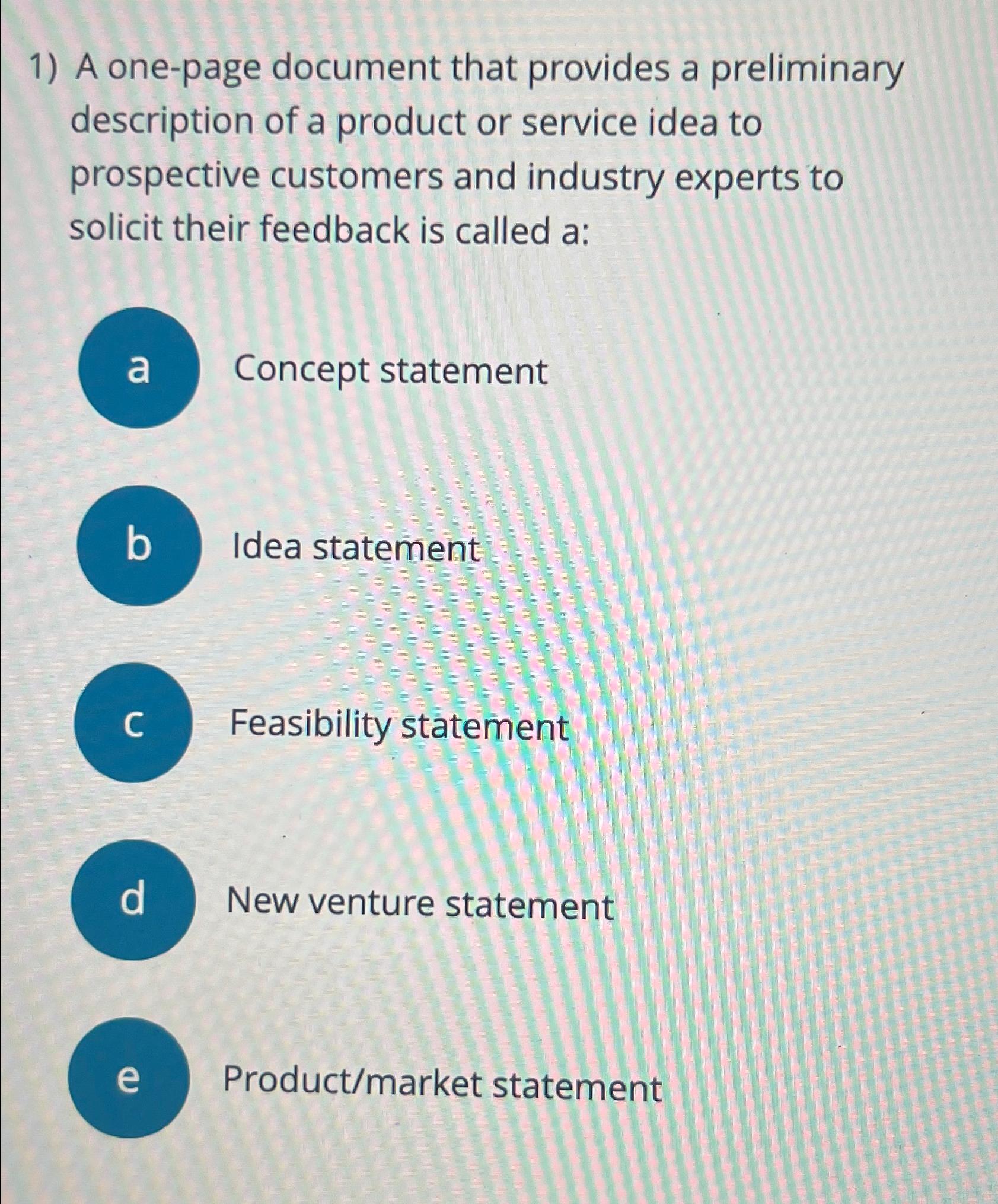  A one-page document that provides a preliminary description of a product