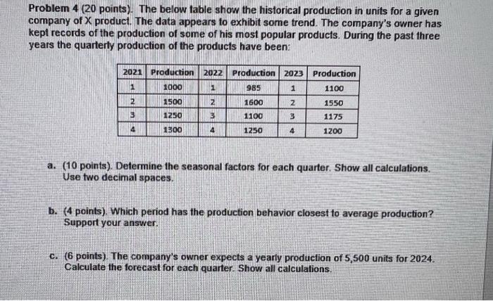  Problem 4 (20 points). The below table show the historical production