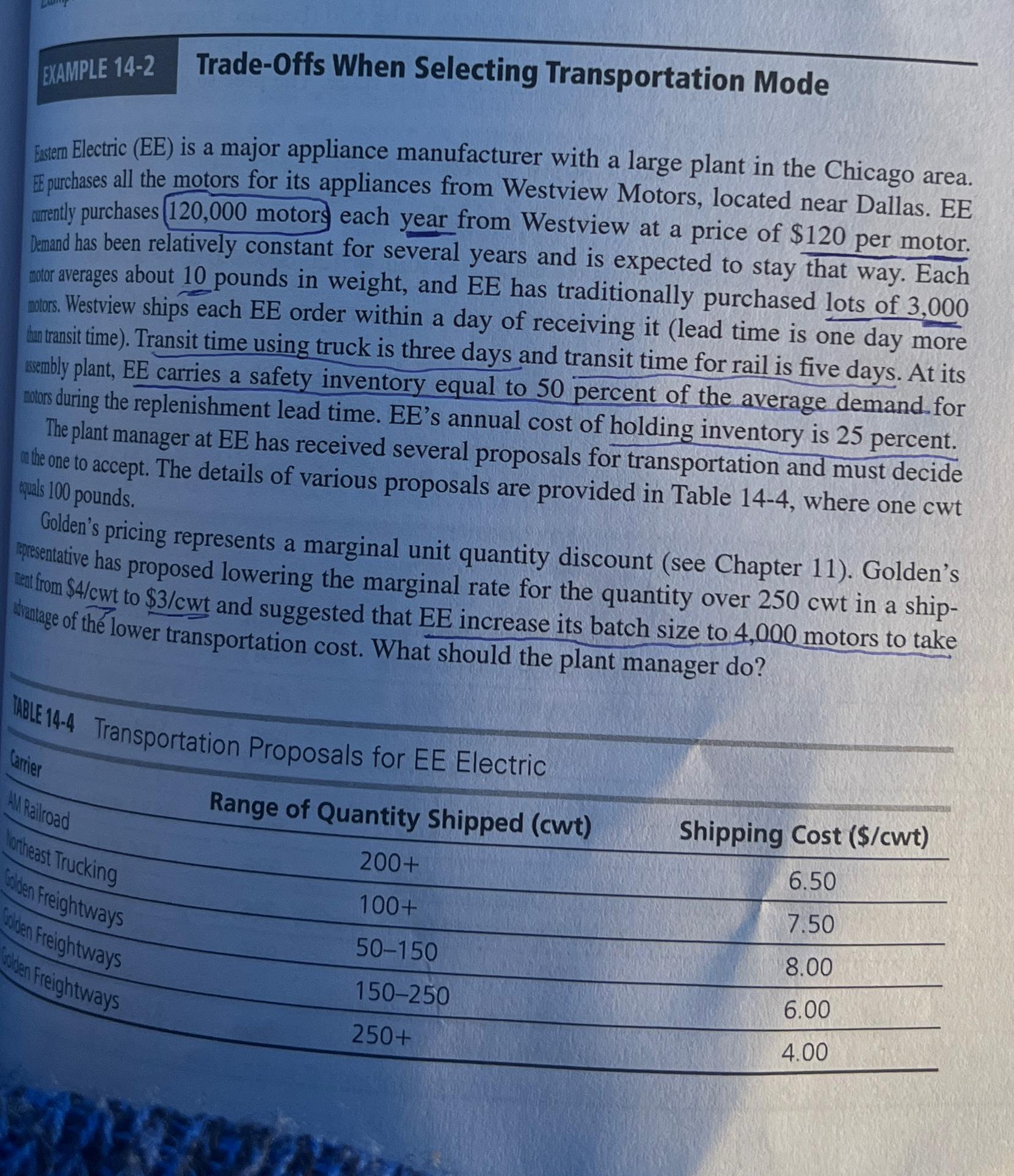  EXAMPLE 14-2 Trade-Offs When Selecting Transportation Mode Essem Electric (EE) is