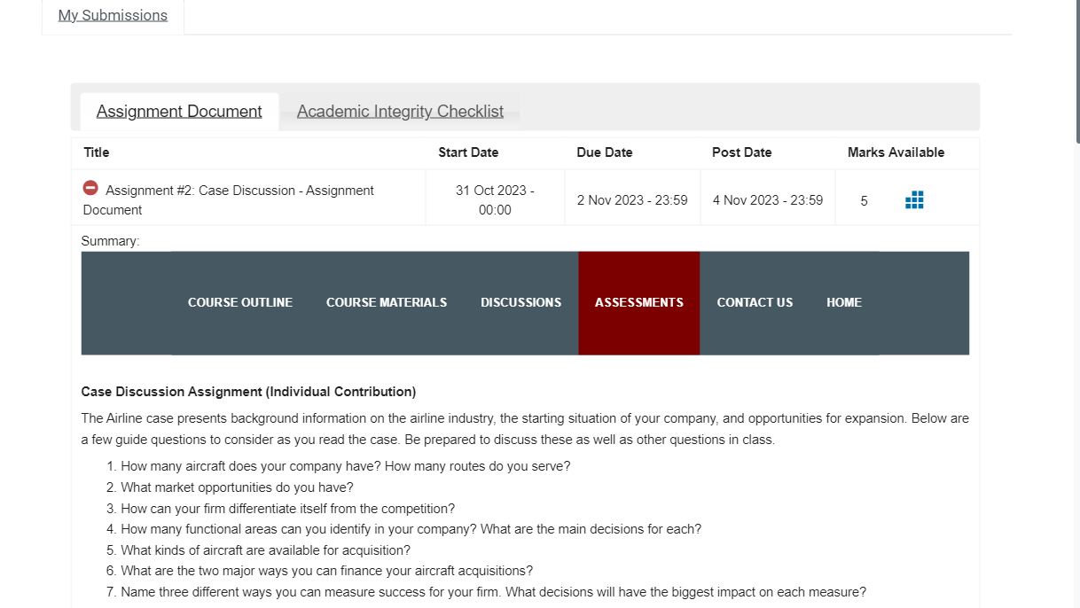 Case Discussion Assignment (Individual Contribution) The Airline case presents background information
