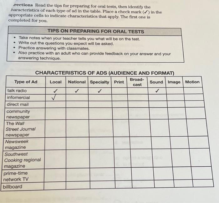  pls help!! advertising media table rections Read the tips for preparing
