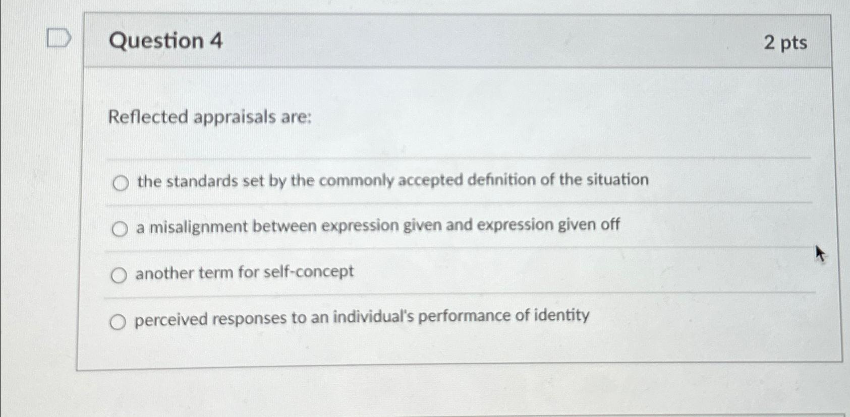  Question 4 2pts Reflected appraisals are: the standards set by the