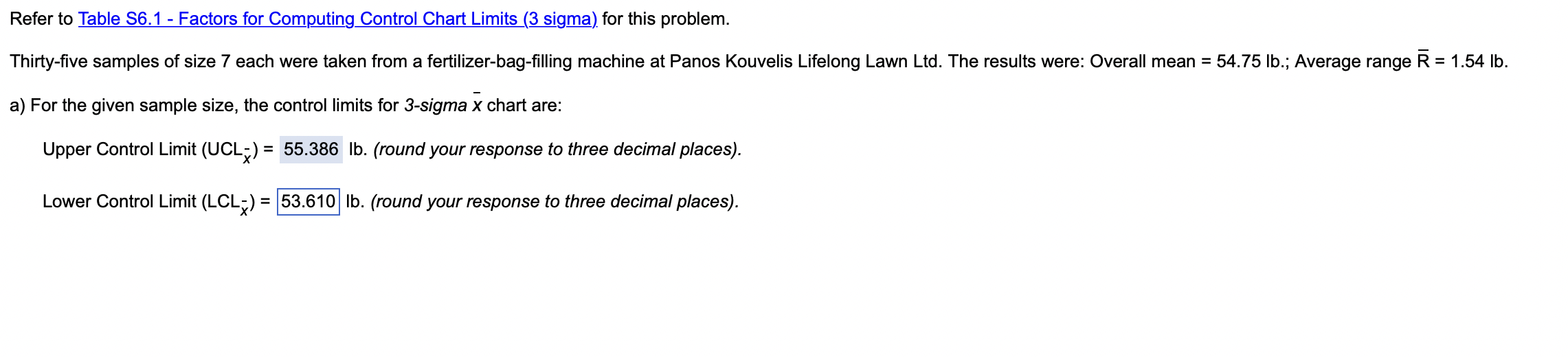  Refer to Table S6.1 - Factors for Computing Control Chart Limits