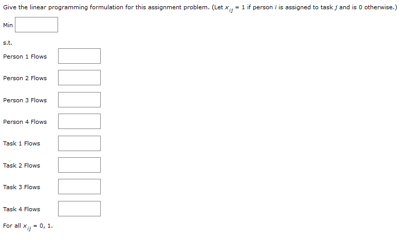 this assignment problem. (Let xij=1 if person i is assigned to task