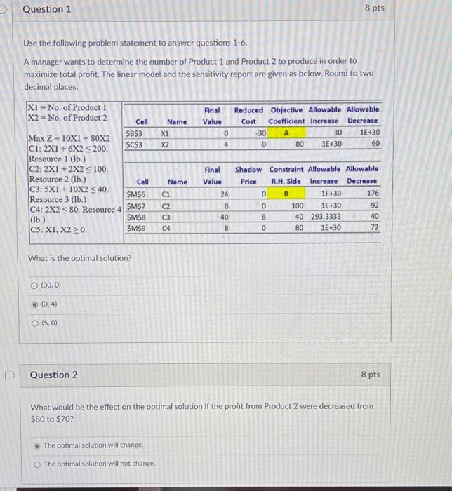  Use the following problem statement to answer questions 1-6. A manager