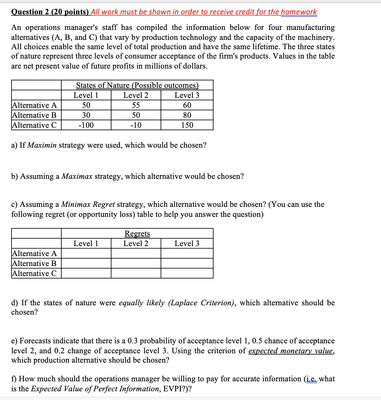  An operations manager's staff has compiled the information below for four