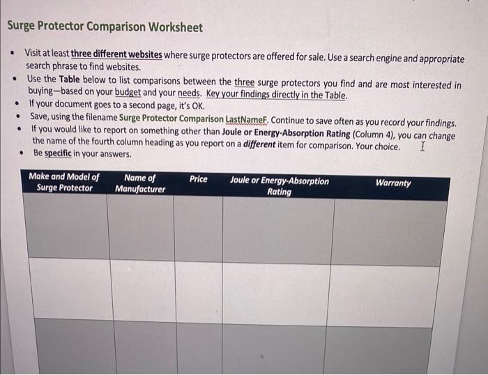  Surge Protector Comparison Worksheet - Visit at least three different websites