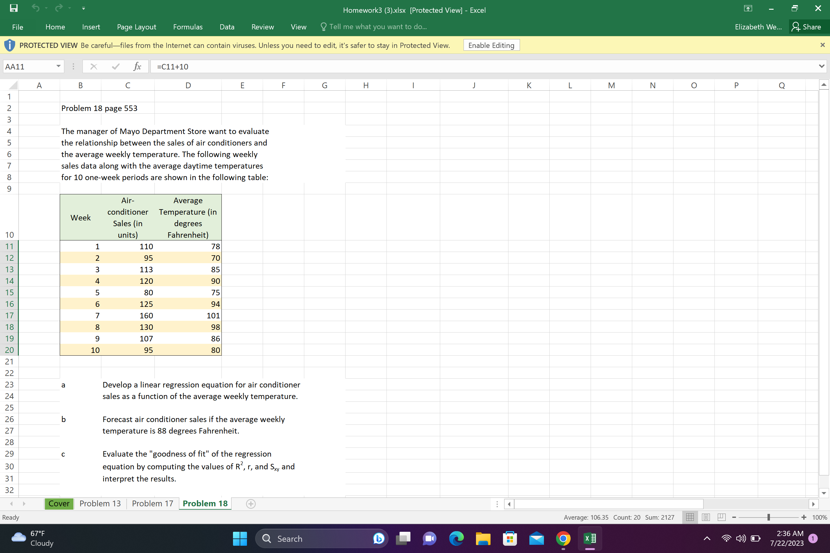  Homework3 (3).xlsx [Protected View] - Excel File Home Insert Page Layout