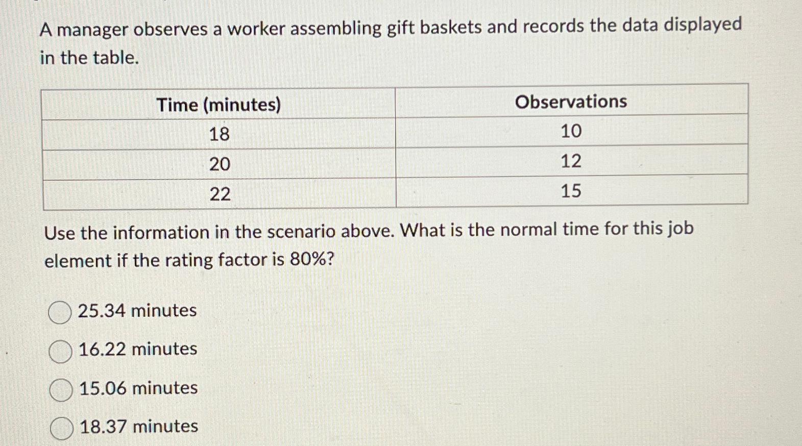  A manager observes a worker assembling gift baskets and records the
