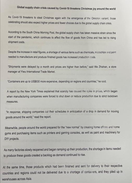 read case study and answer qeustion 3 Global supply chain crisis caused