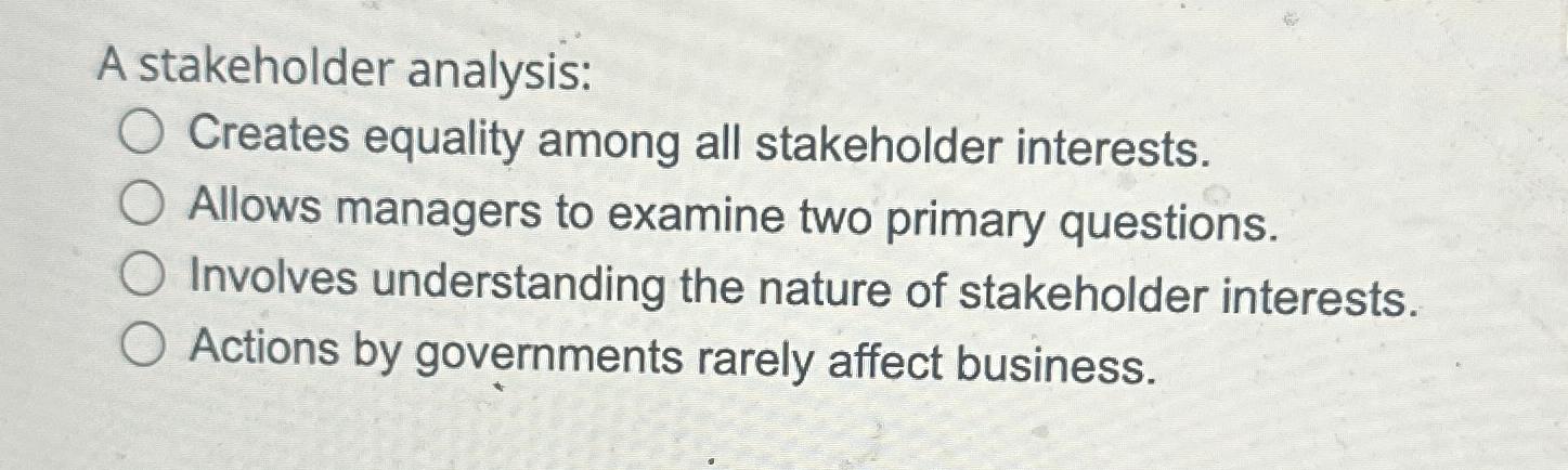  A stakeholder analysis: Creates equality among all stakeholder interests. Allows managers