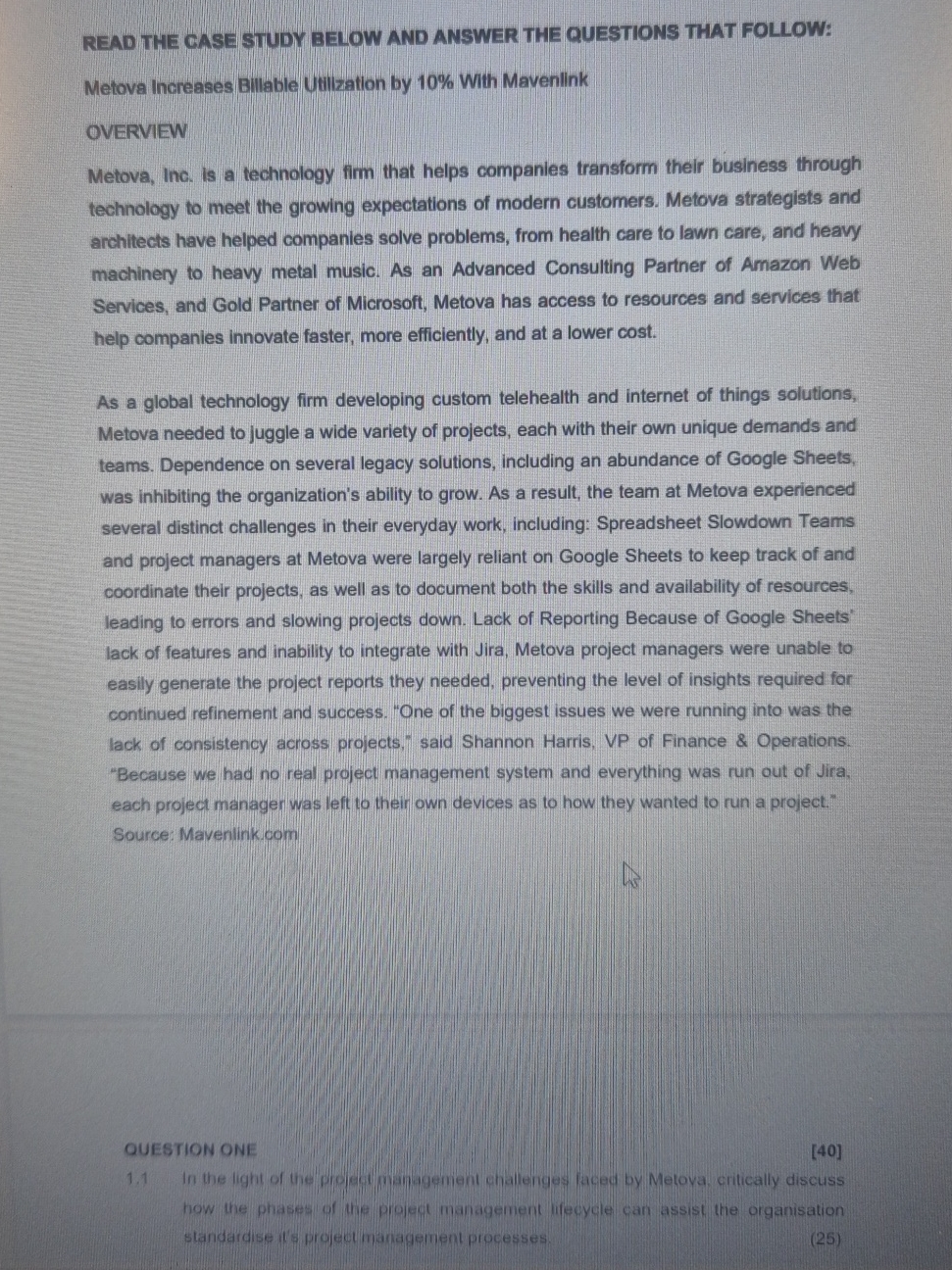  READ THE CASE STUDY BELOW AND ANSWER THE QUESTIONS THAT FOLLOW:
