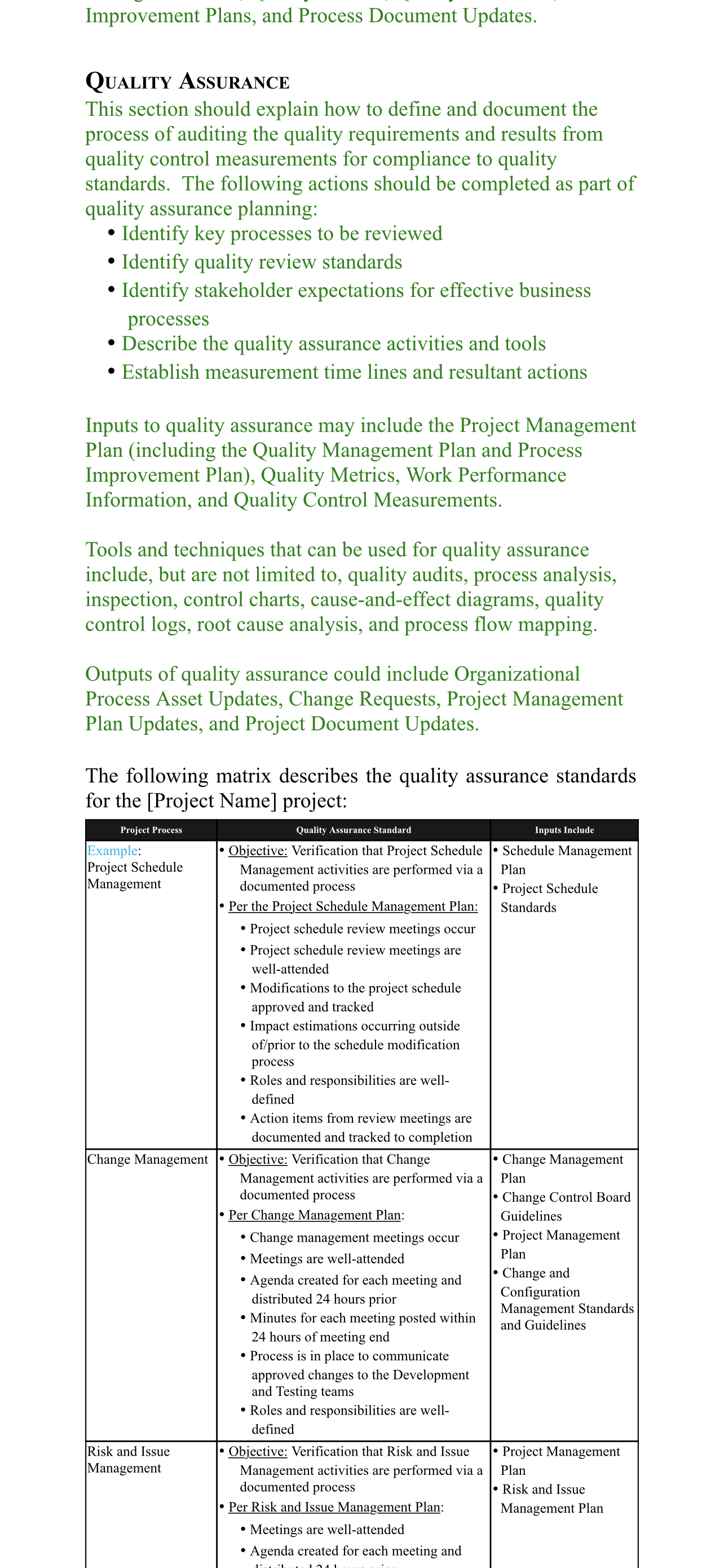  Improvement Plans, and Process Document Updates. Quality Assurance This section should