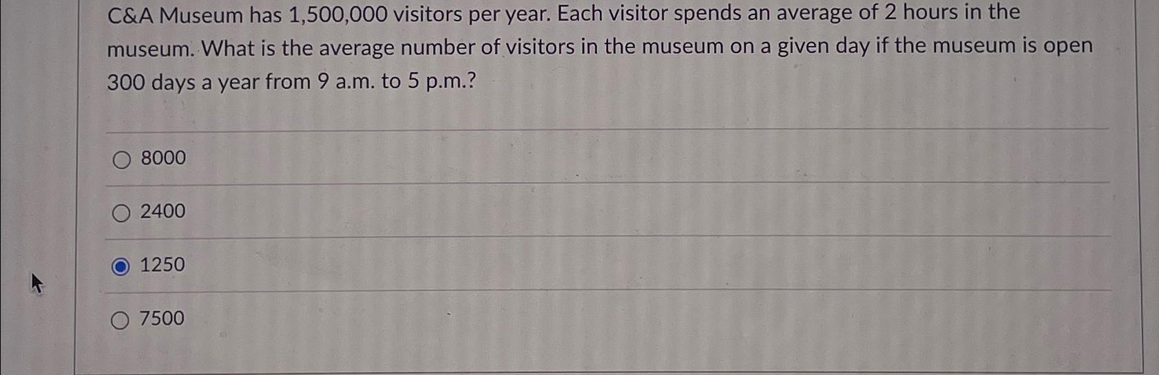  C&A Museum has 1,500,000 visitors per year. Each visitor spends an