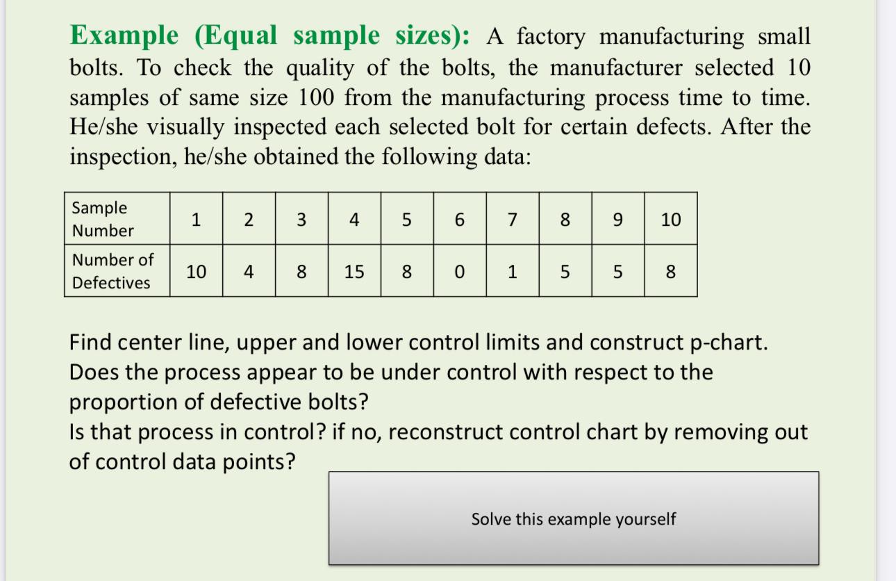  Example (Equal sample sizes): A factory manufacturing small bolts. To check