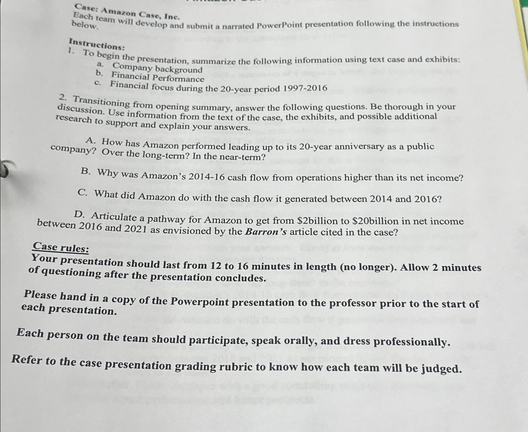  Case: Amazon Case, Inc. Each team will develop and submit a