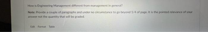  How is Engineering Management different from management in general? Note: Provide