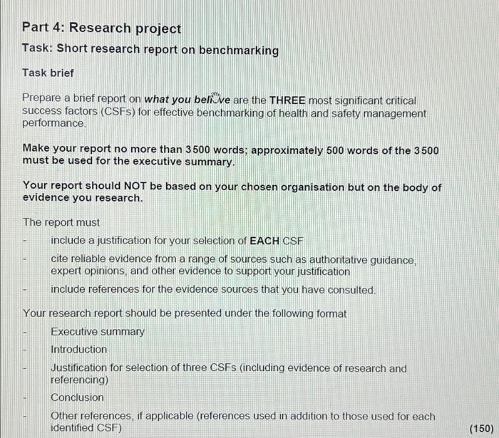  Part 4: Research project Task: Short research report on benchmarking Task