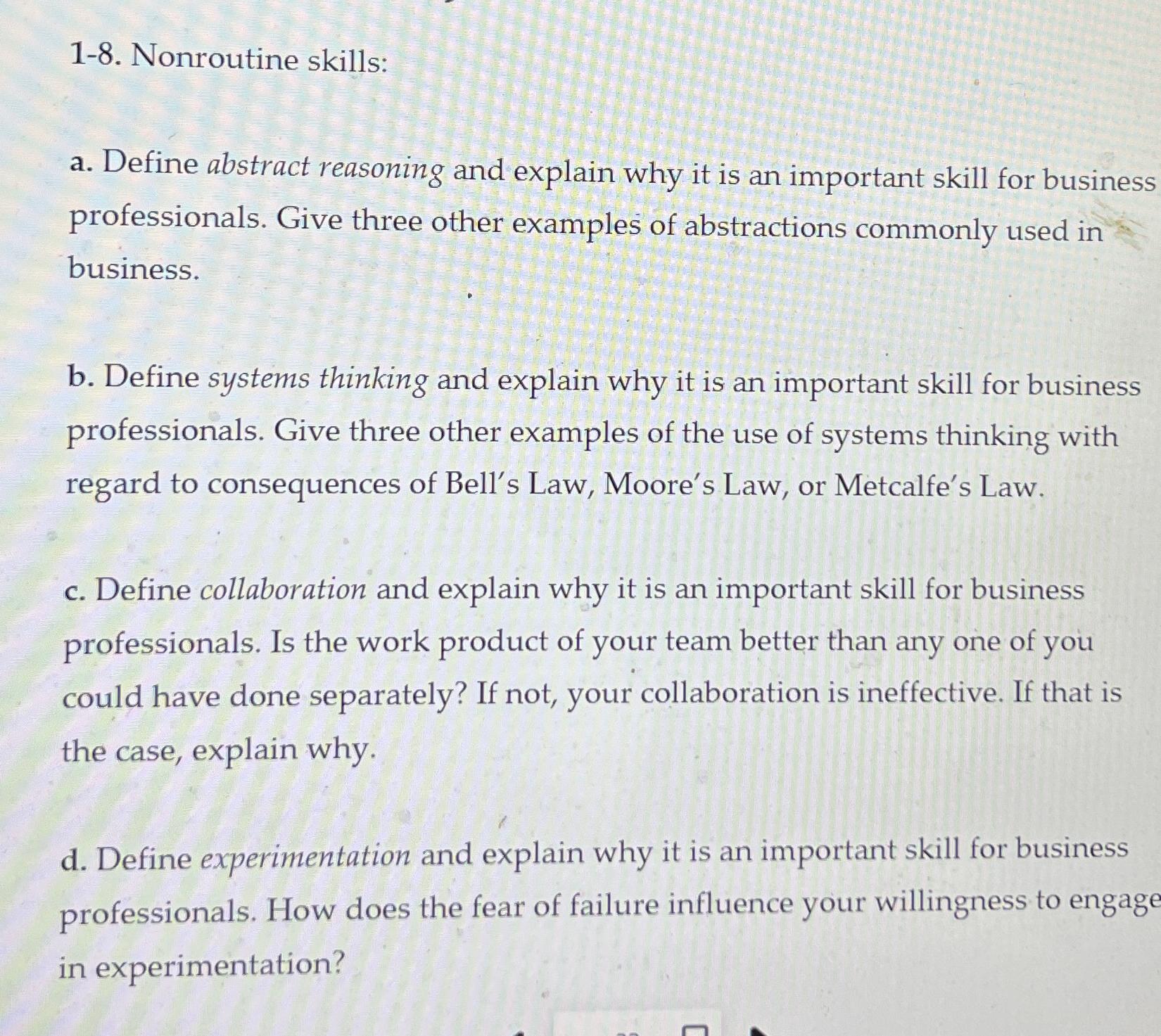  1-8. Nonroutine skills: a. Define abstract reasoning and explain why it