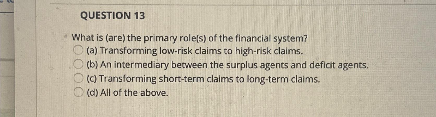  QUESTION 13 What is (are) the primary role(s) of the financial