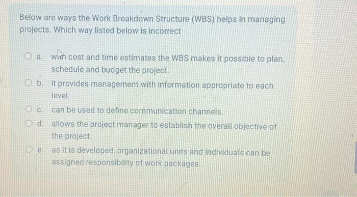  Below are ways the Work Breakdown Structure (WBS) helps in managing