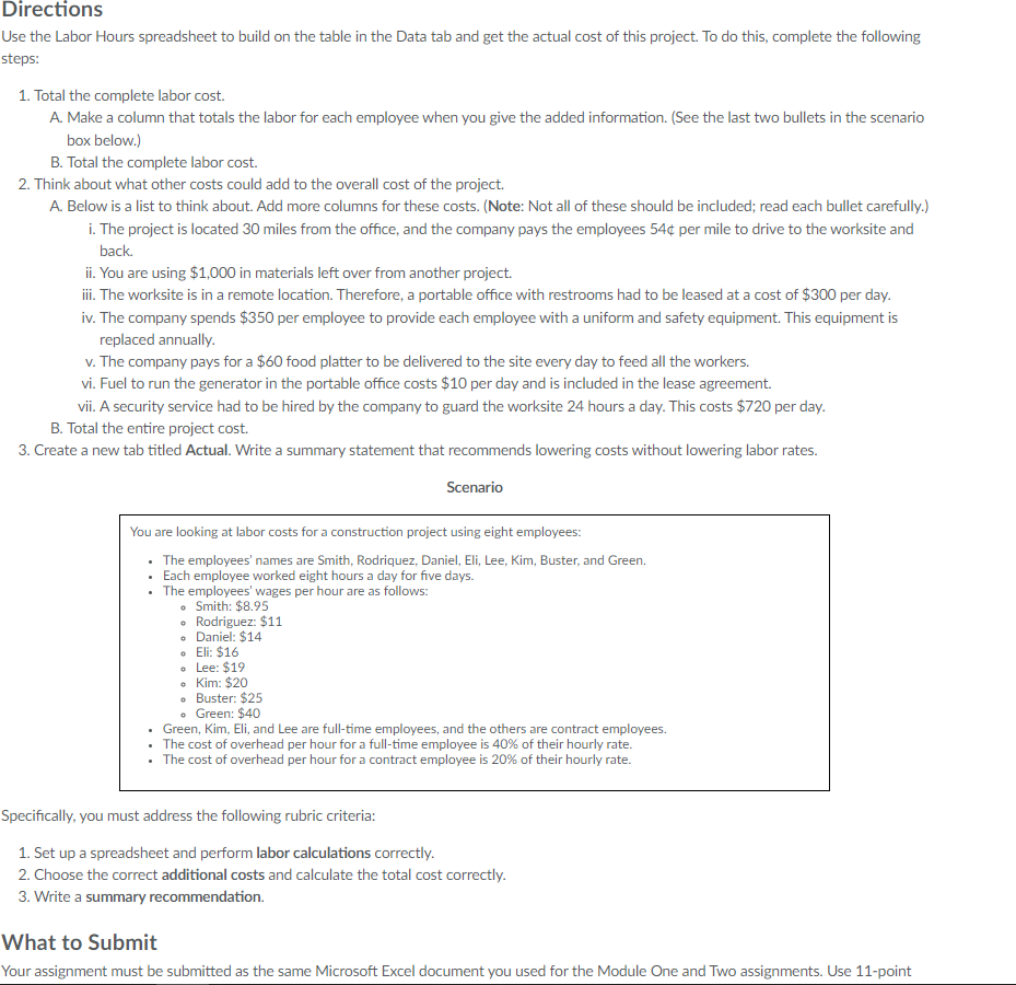 Directions Use the Labor Hours spreadsheet to build on the table in