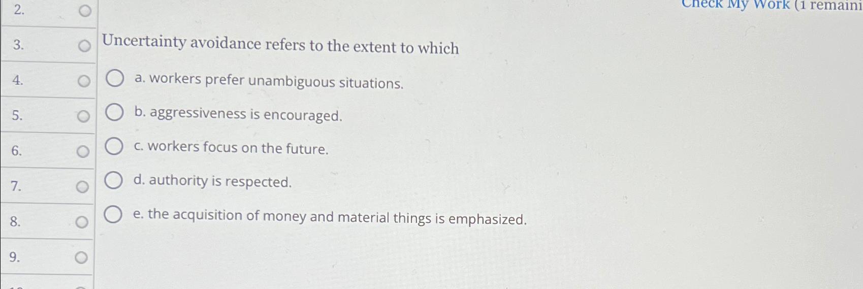  Uncertainty avoidance refers to the extent to which a. workers prefer