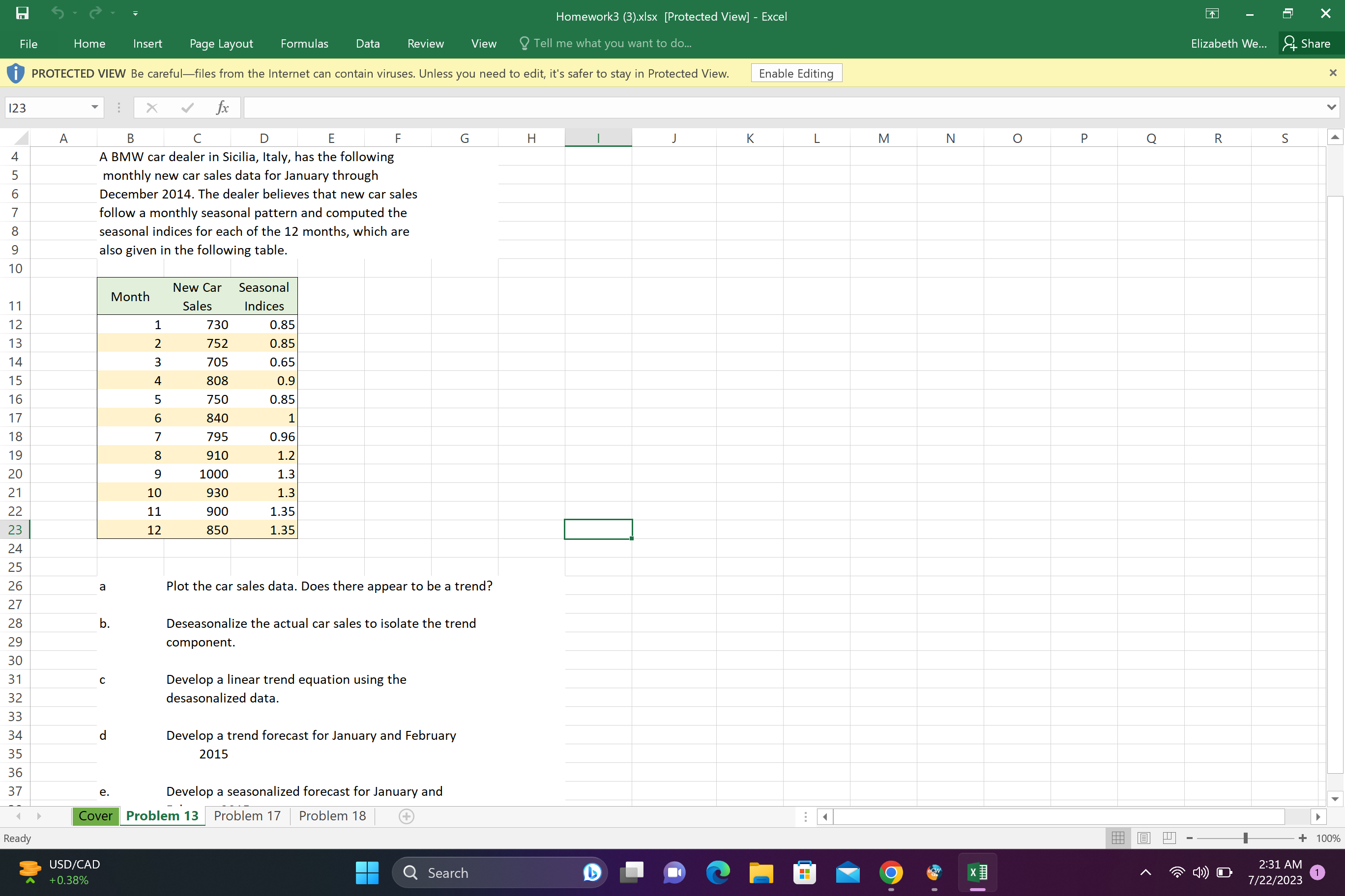  Homework3 (3).xlsx [Protected View] - Excel File Home Insert Page Layout