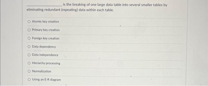  is the breaking of one large data table into several smaller
