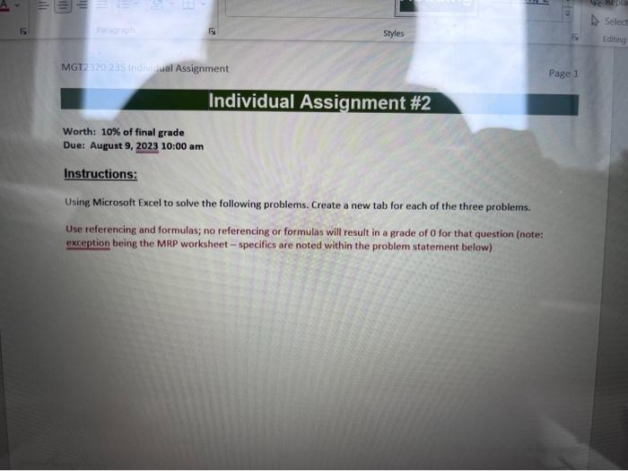  Instructions: Using Microsoft Excel to solve the following problems. Create a