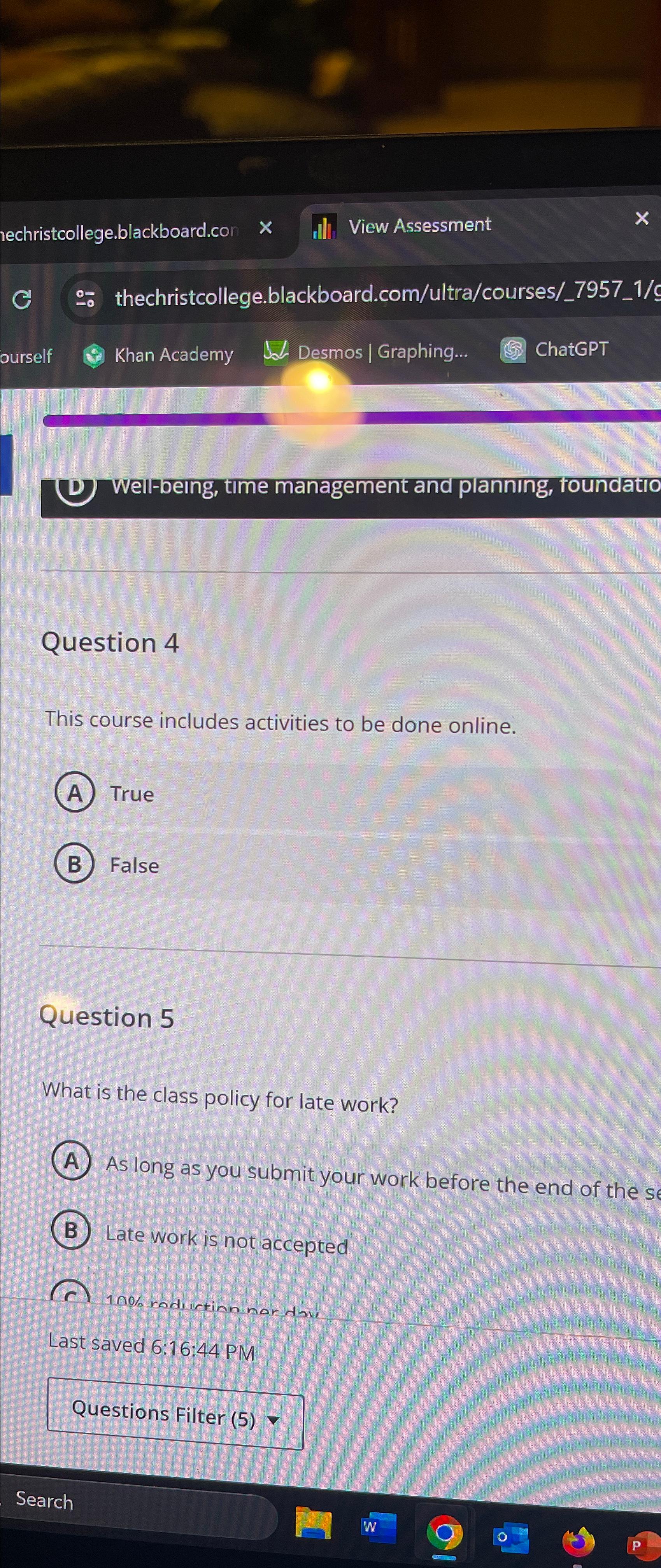  (D) Well-being, tme management and planning, toundato Question 4 This course