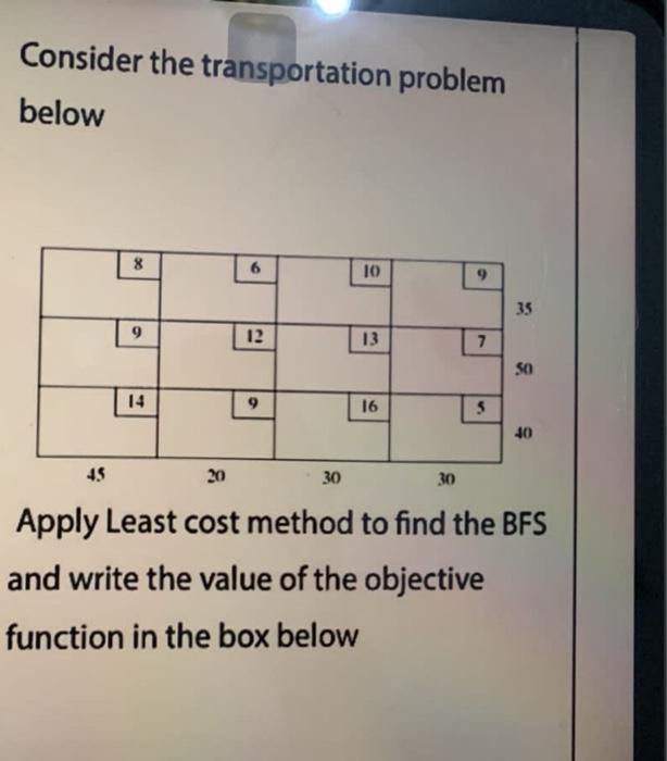  Consider the transportation problem below 45 8 9 14 20 6