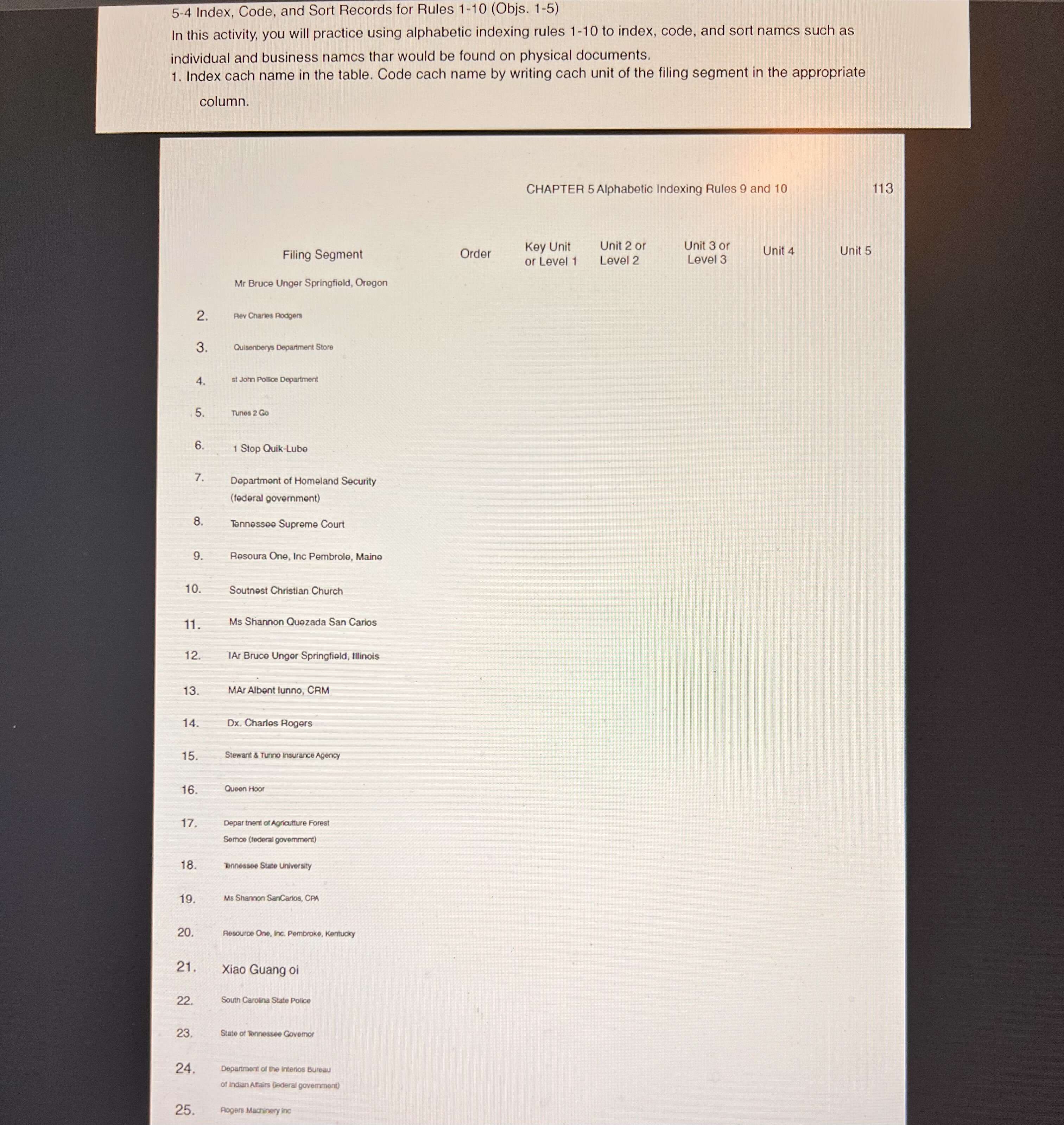 I need the answer for this exercise : 5-4 Index, Code, and