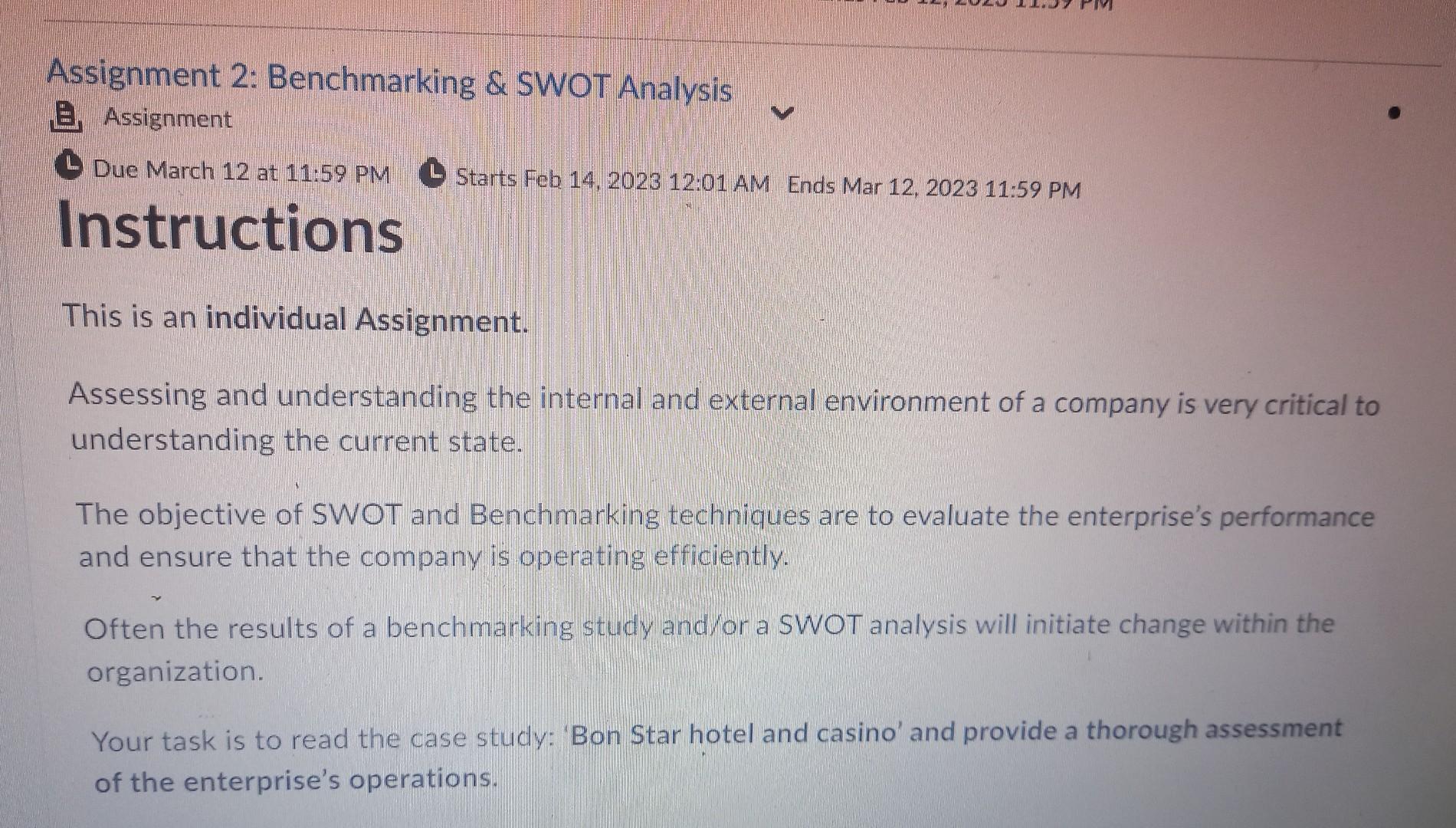 Assignment 2: Benchmarking \& SWOT Analysis Assignment Due March 12 at