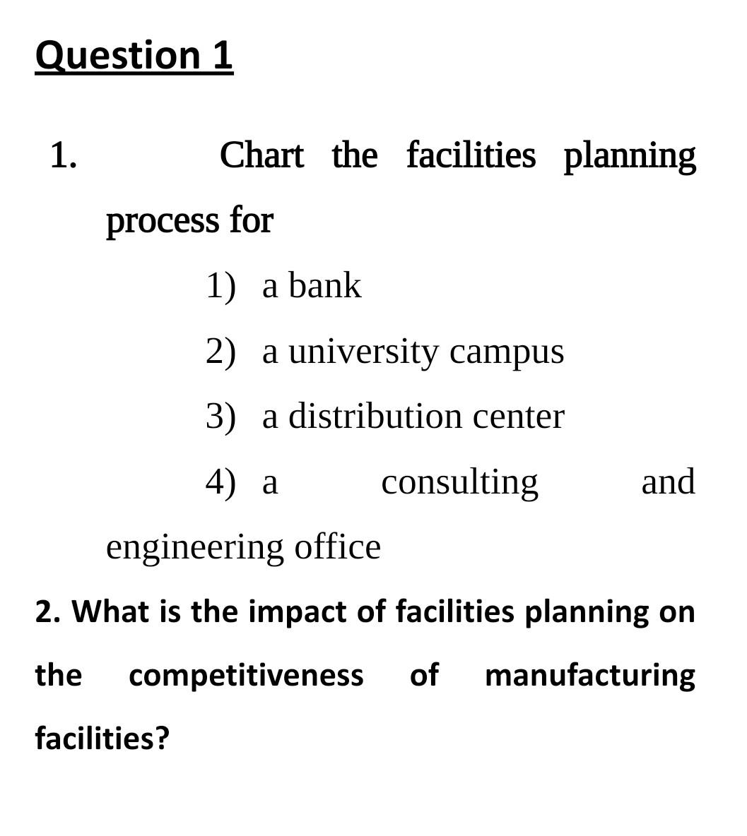 1. Chart the facilities planning process for 1) a bank 2)