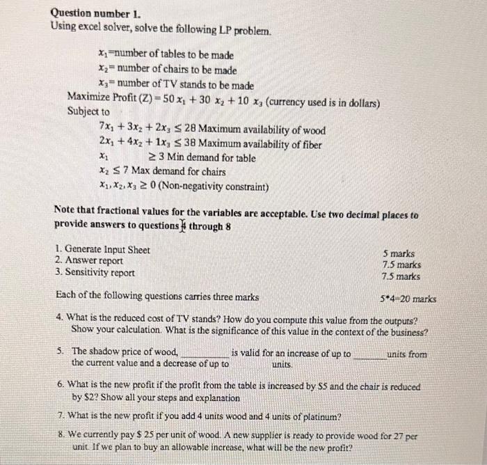  please answer question 8 Question number 1. Using excel solver, solve