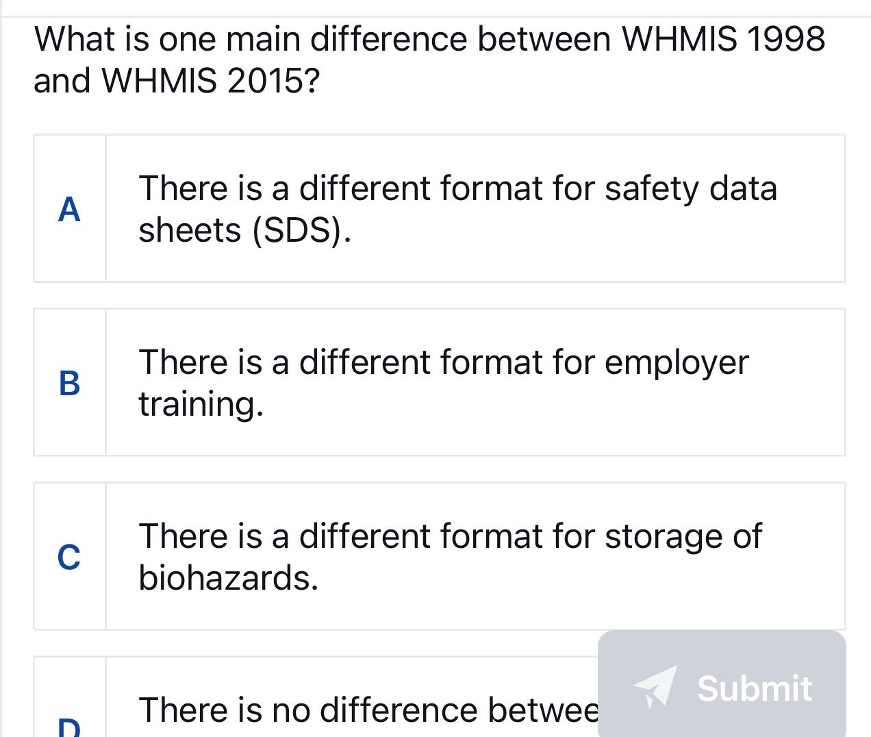  What is one main difference between WHMIS 1998 and WHMIS 2015?