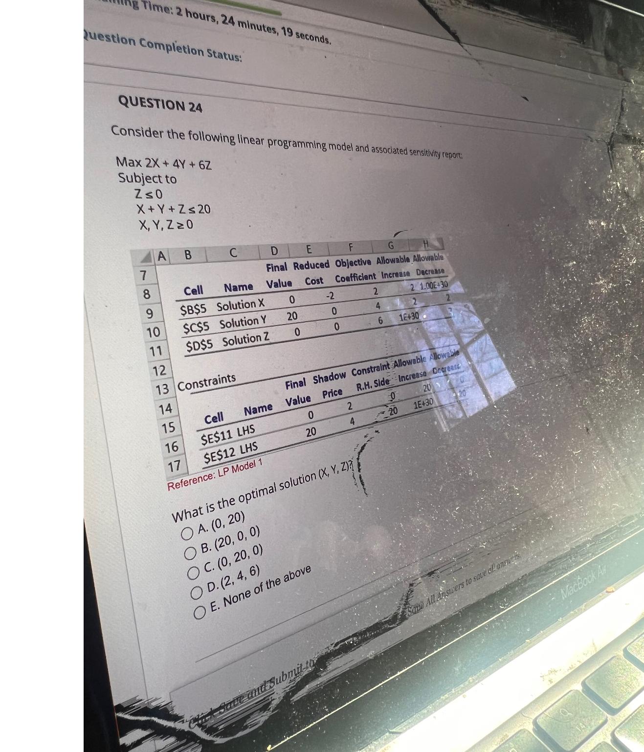  Question Completion Status: QUESTION 24 Consider the following linear programming model
