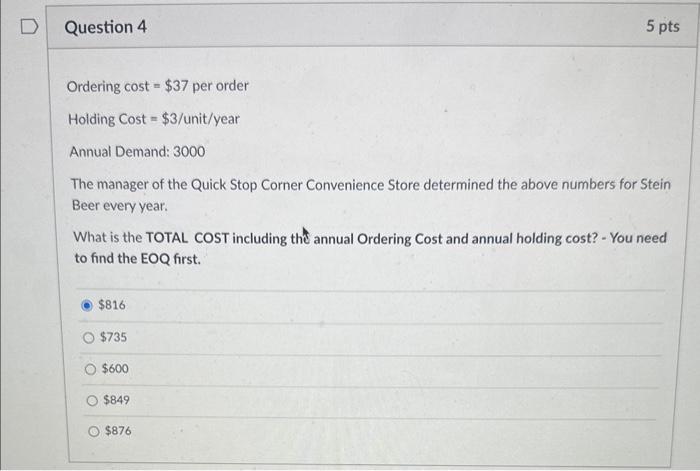  Ordering cost =$37 per order Holding Cost =$3/ unit / year