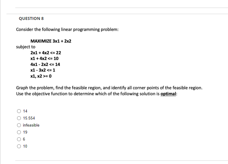  QUESTION 8 Consider the following linear programming problem: MAXIMIZE 31+22 subject