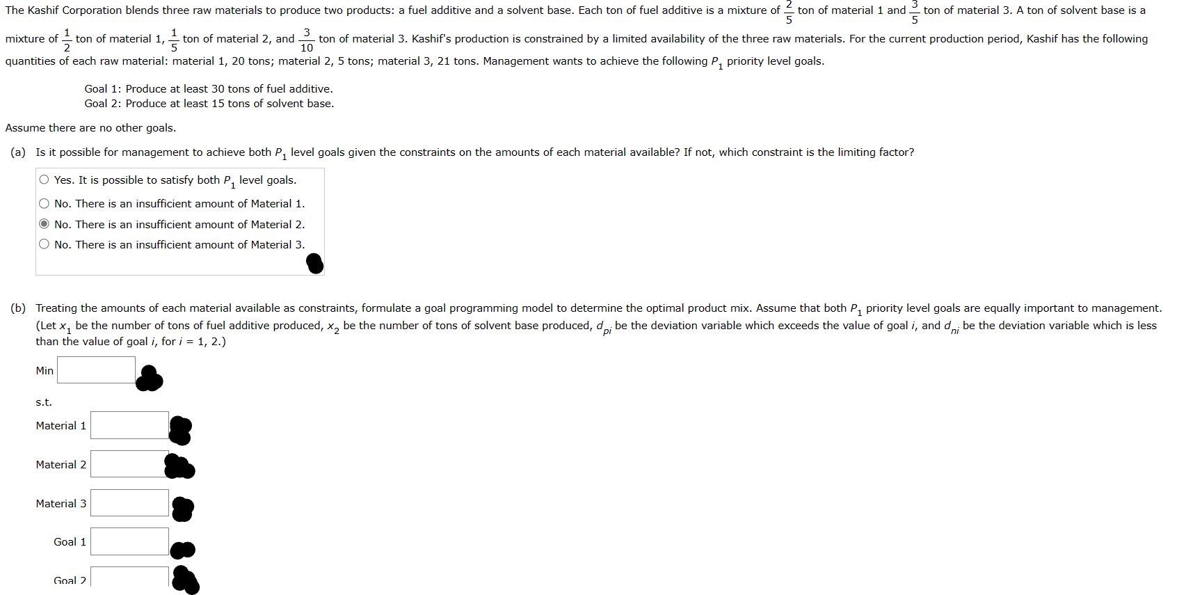 quantities of each raw material: material 1, 20 tons; material 2,
