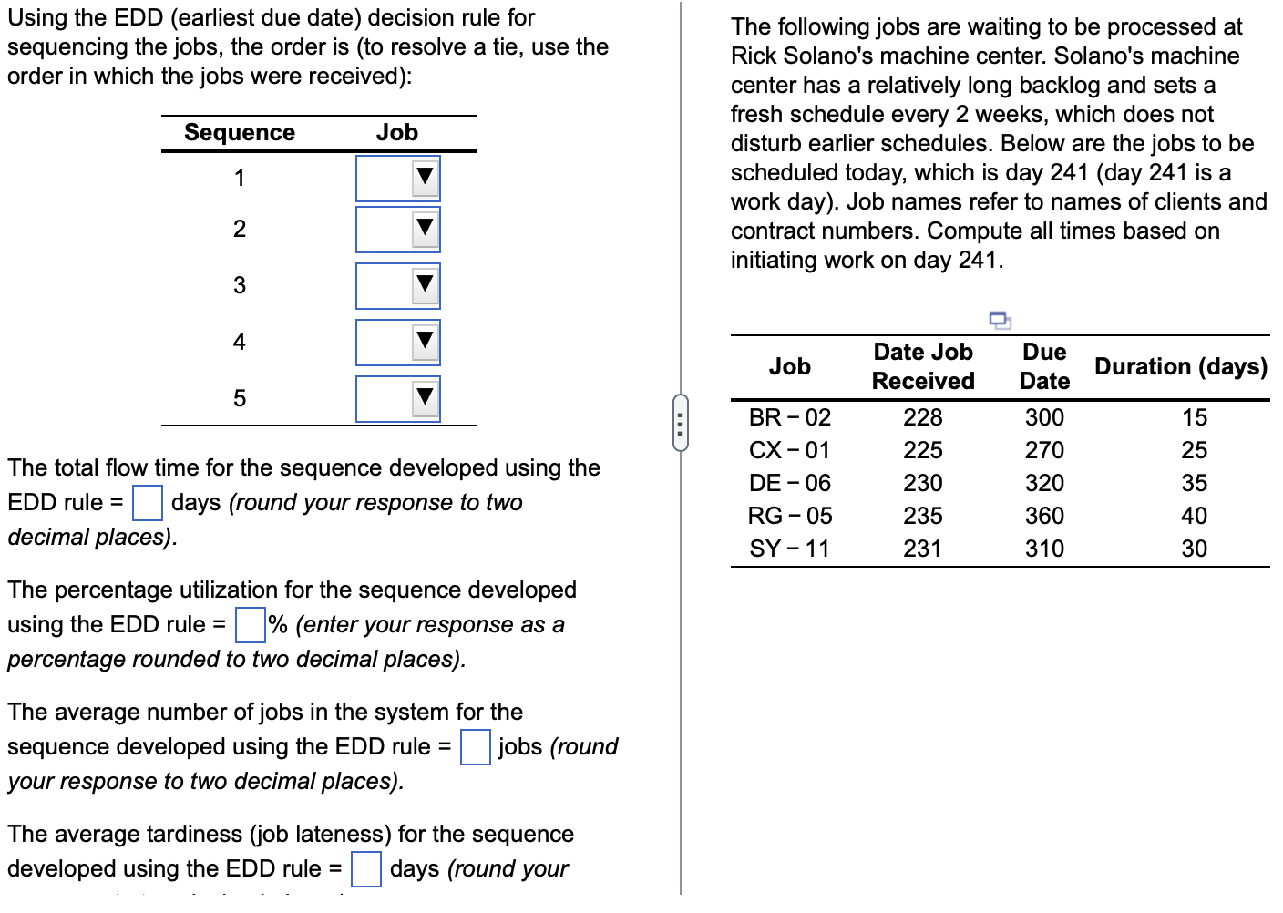 Using the EDD (earliest due date) decision rule for The following
