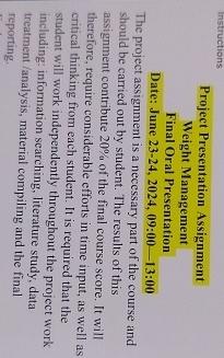  Instructions Project Presentation Assignment Weight Management Final Oral Presentation Date: June