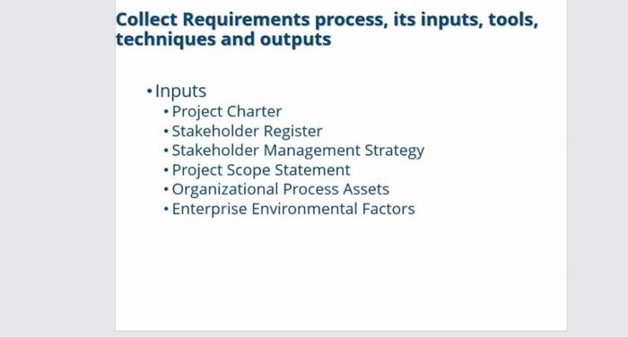  Collect Requirements process, its inputs, tools, techniques and outputs Inputs Project